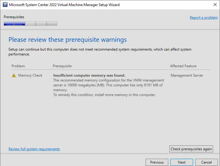 Install SCVMM prerequisite warnings