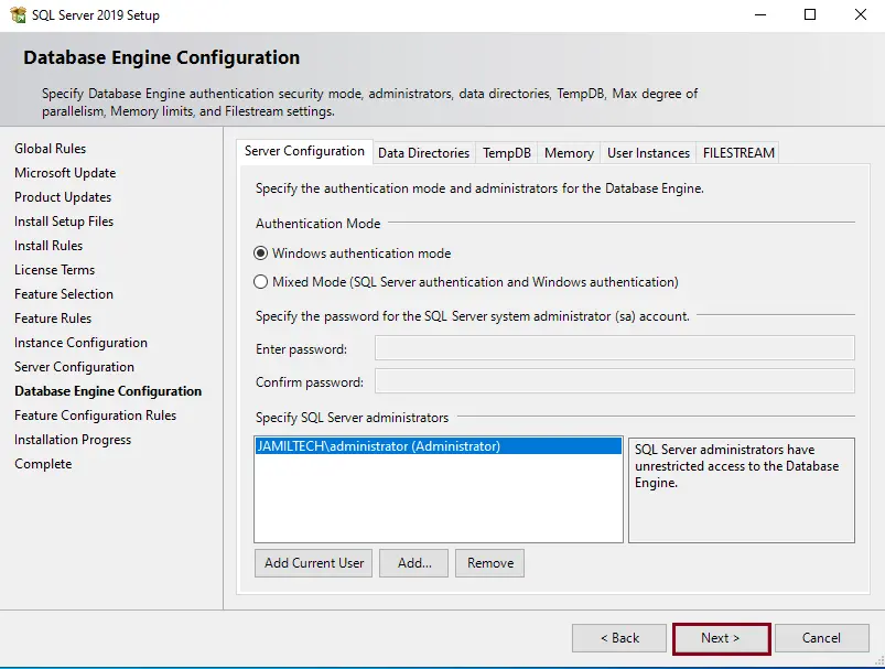 Install SQL database engine configuration