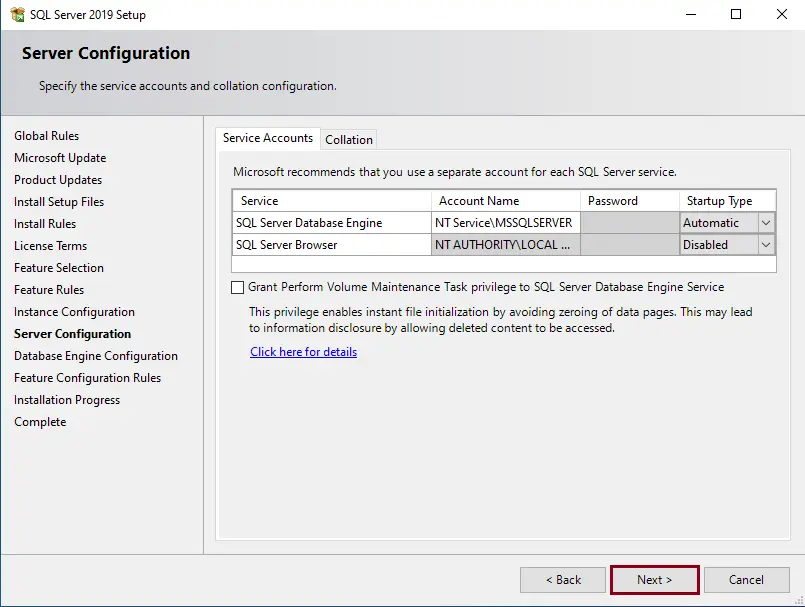 Install SQL express server configuration