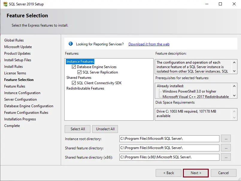 Install SQL feature selection