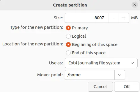 Install Ubuntu dual boot create partition