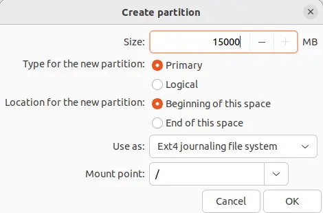 Install Ubuntu dual boot create partition