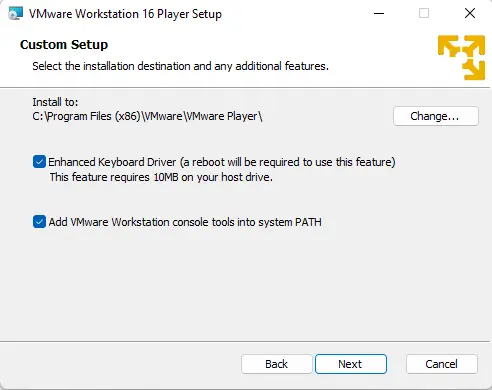 Install VMware Player custom setup