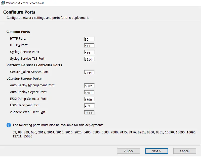 Install VMware vCenter on Windows ports