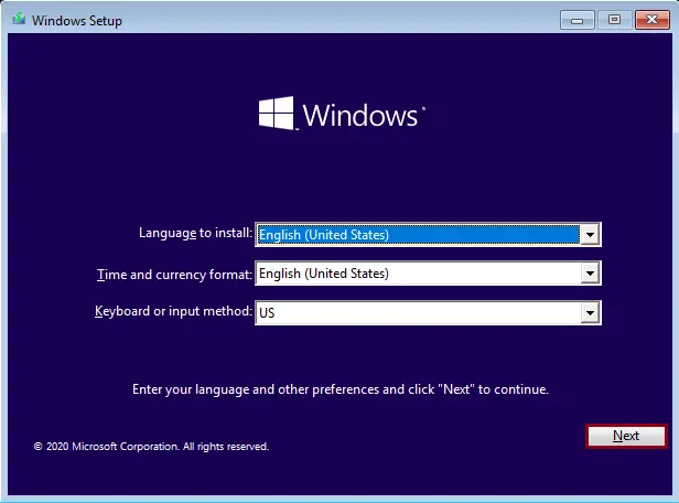 Install Windows 10 setup language