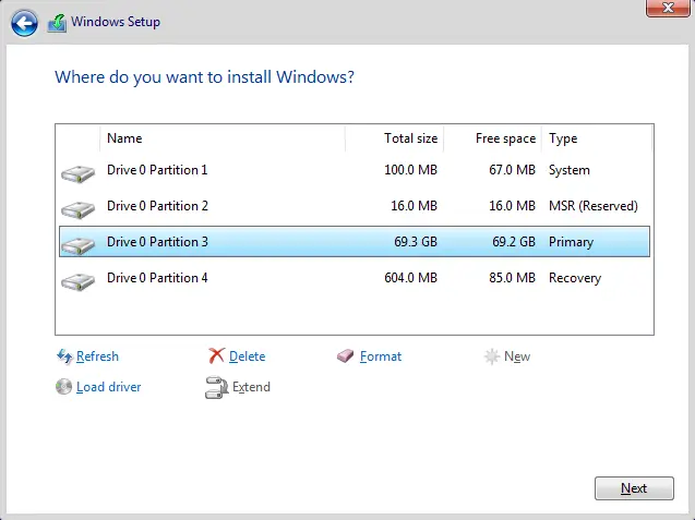 Install Windows 11 partitions