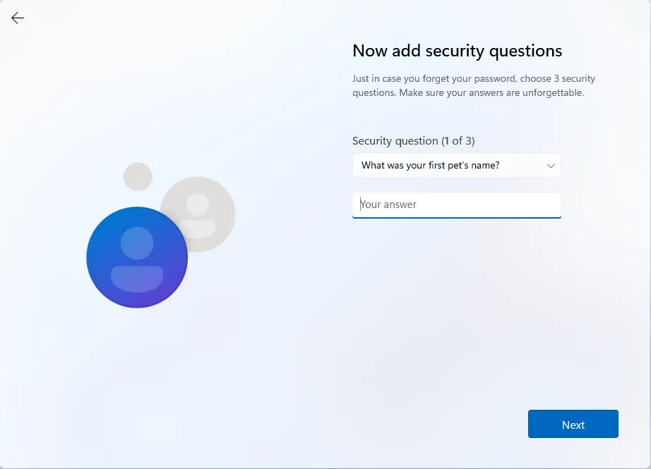 Install Windows 11 security questions