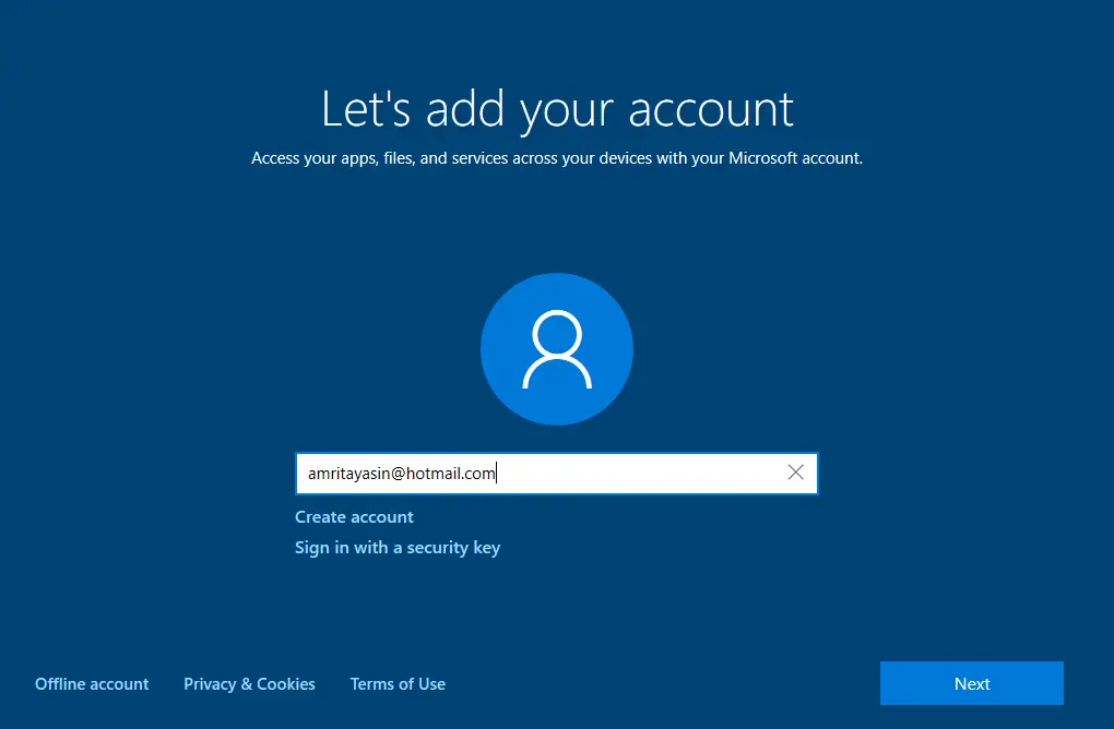 Install Windows add account