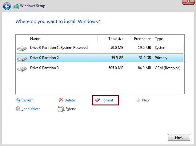 Install Windows choose partitions