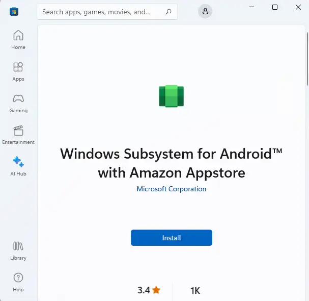 Install Windows subsystem for android