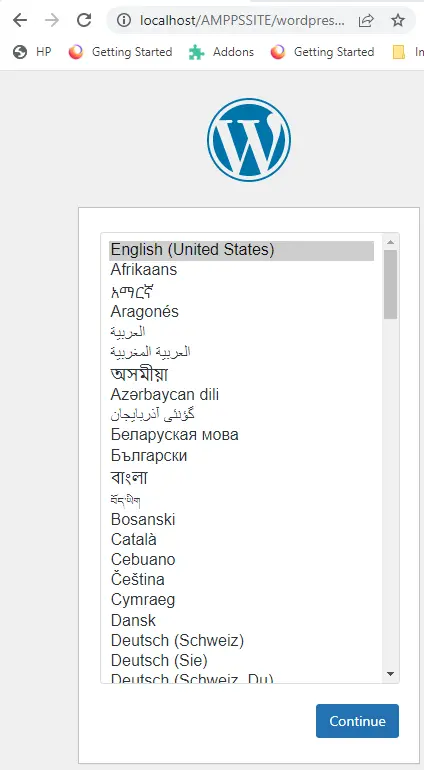 Install WordPress choose language