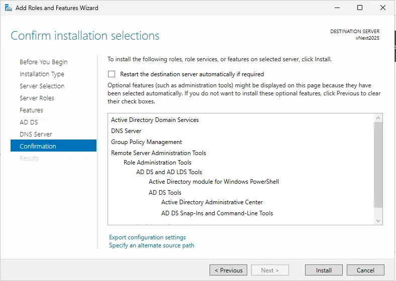 Install active directory server vNext 2025