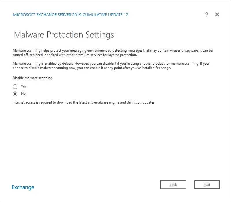Install exchange 2019 malware protection settings