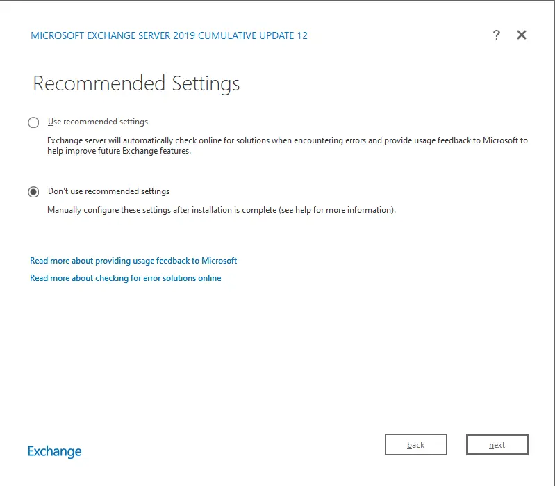 Install exchange 2019 recommended settings