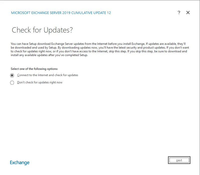 Install exchange server 2019 check for update