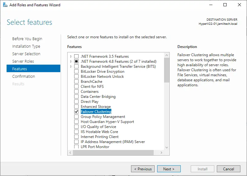 Install failover clustering features