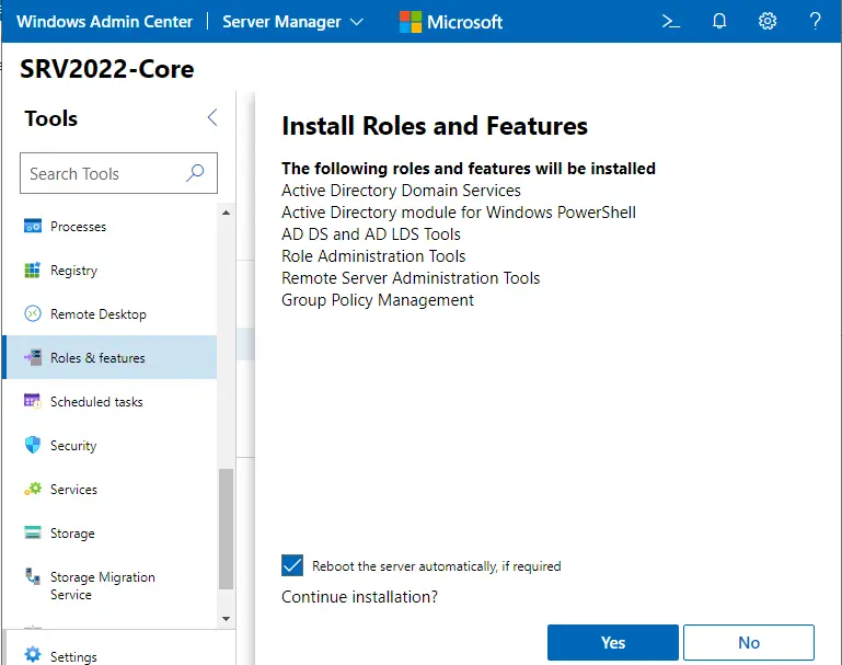 Install role and features admin center