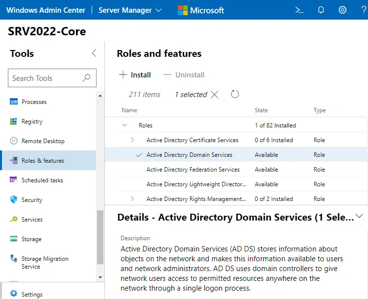 Install role and features admin center