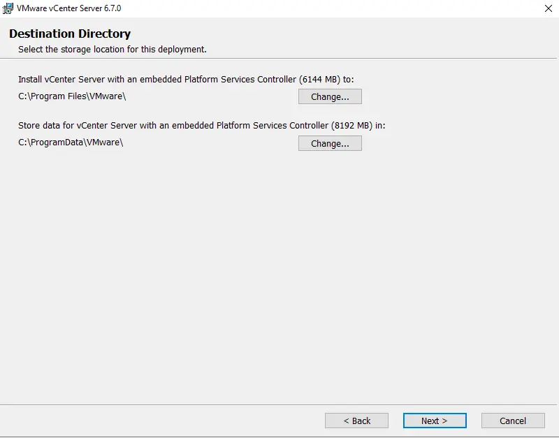 Install vCenter server destination directory