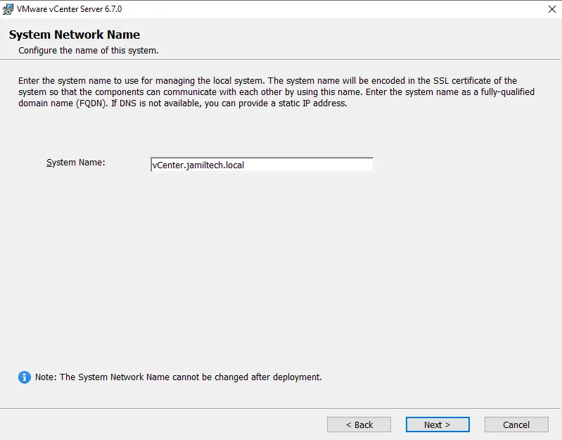 Install vCenter system network name