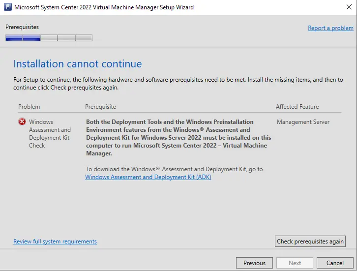 Installation cannot continue SCVMM