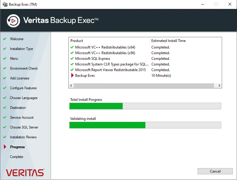 Installing Backup Exec in progress