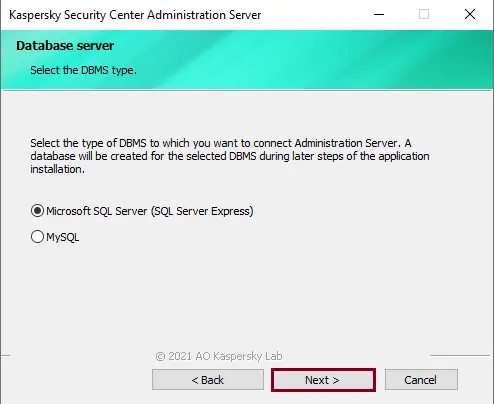 Installing Kaspersky Database server
