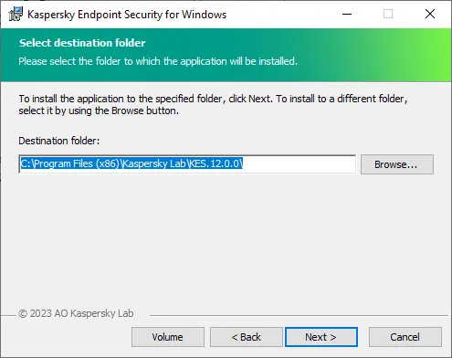 Installing Kaspersky destination folder