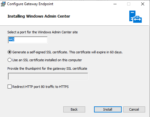 Installing Windows admin center port