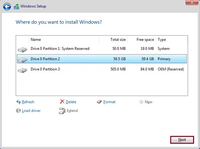 Installing Windows choose partitions