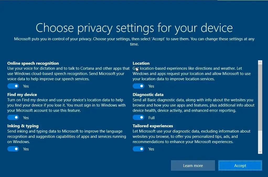 Installing Windows privacy settings