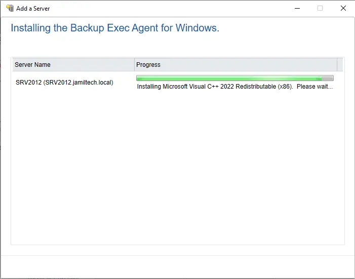 Installing backup exec agent for Windows progress