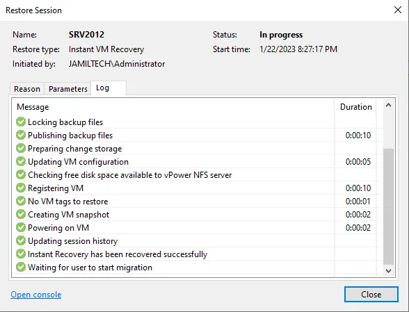 Instant VM recovery in progress