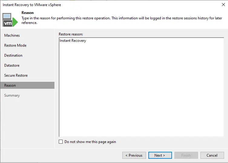 Instant VM recovery restore reason