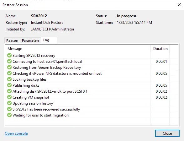 Instant disk restore session