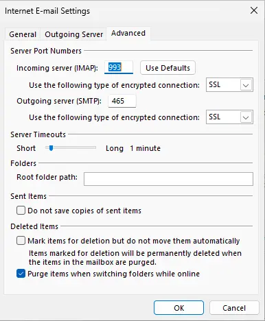 Internet E-mail settings advanced