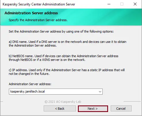 Kaspersky Administration Server address