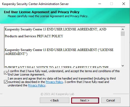 Kaspersky Security Center license agreement