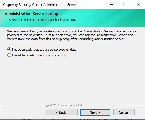 Kaspersky administration server backup option