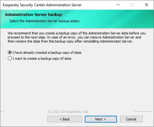 Kaspersky administrator server backup