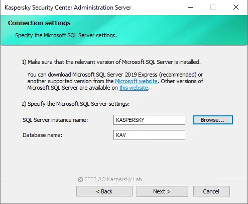 Kaspersky database connection settings