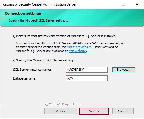 Kaspersky database connection settings