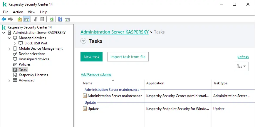 Kaspersky endpoint security tasks