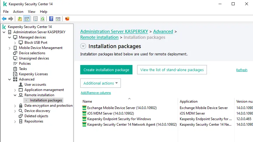 Kaspersky installation packages list