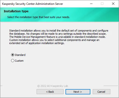 Kaspersky installation type standard