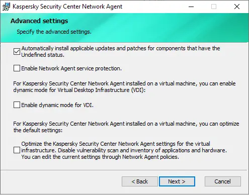 Kaspersky network agent advanced settings