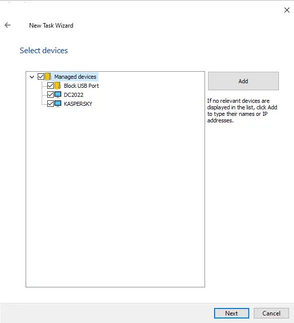 Kaspersky new task select devices