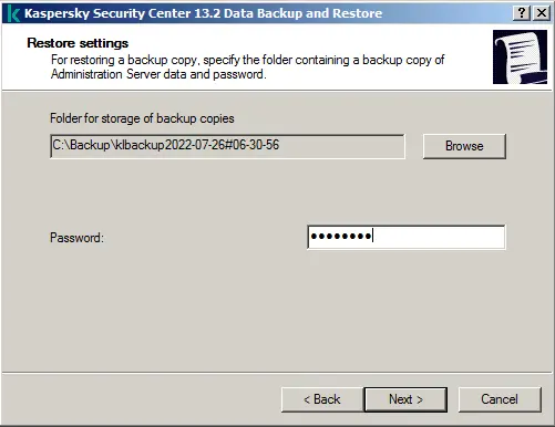Kaspersky security center restore settings