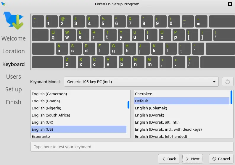 Keyboard model Feren OS setup