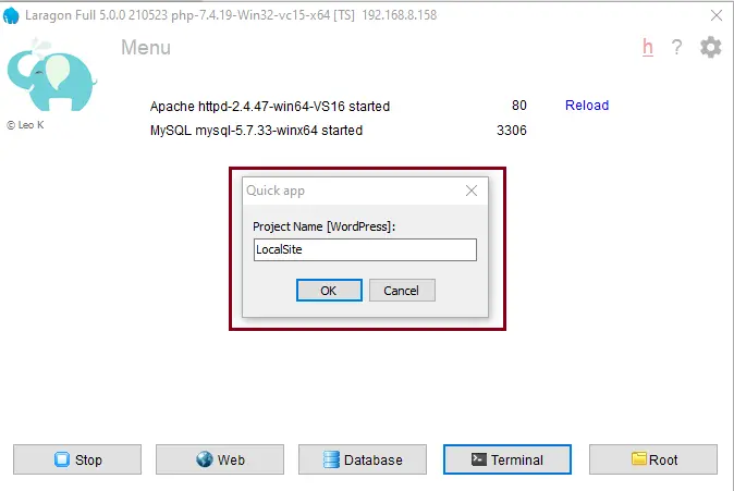 Laragon quick app project name